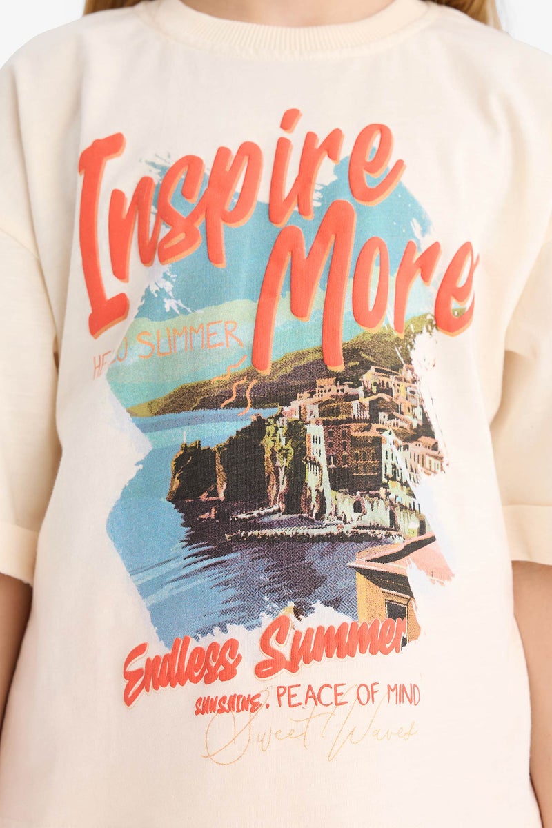 DeFacto Beige Girl Girl Oversize Crew Neck Printed Short Sleeve T-Shirt Casual - Image 5